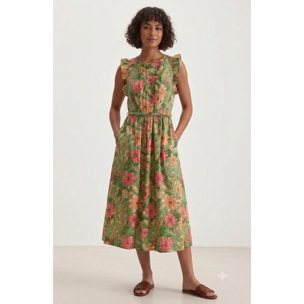 Velvet Graham & Spencer Elaria Flora Garden Cottage Cotton Midi Dress Ruffle S